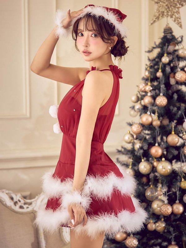画像13: 【即日発送】【送料無料！】【サンタ】シフォンホルターネックティアードサンタコスプレ【コスプレ4点セット】【XS-Lサイズ/2カラー】[OF04] (13)