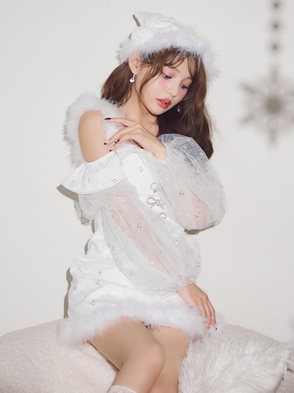 画像13: 【予約 / 11月下旬発送予定】【送料無料！】【サンタ】オフショルチュール袖リボンサンタコスプレ【コスプレ3点セット】【XS-Lサイズ/1カラー】[OF03] (13)