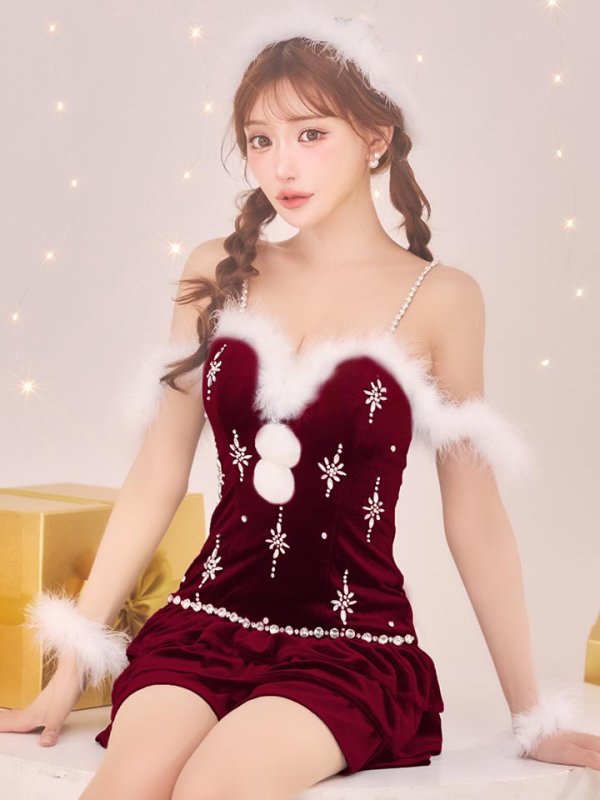 画像1: 【即日発送】【送料無料！】【サンタ】　スノーフレークビジューフレアサンタコスプレ【コスプレ4点セット】【XS-Lサイズ/3カラー】[OF01] (1)