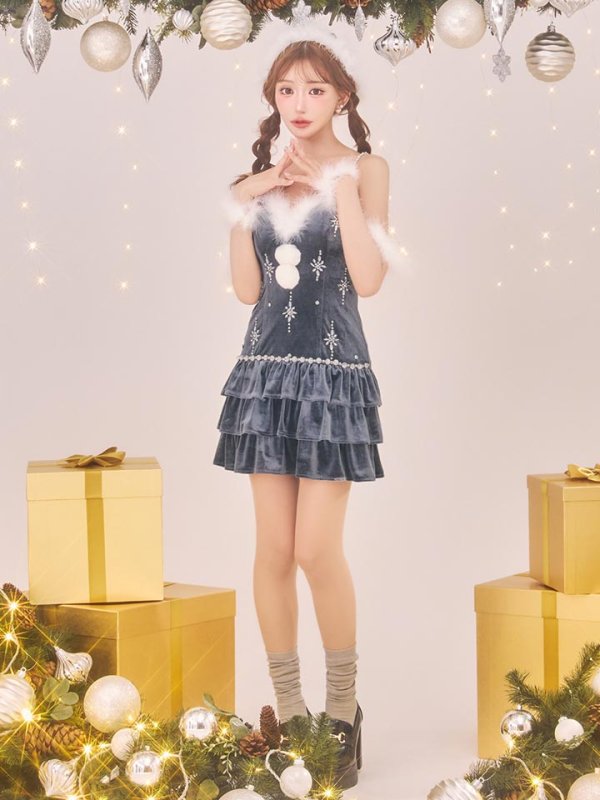 画像2: 【即日発送】【送料無料！】【サンタ】　スノーフレークビジューフレアサンタコスプレ【コスプレ4点セット】【XS-Lサイズ/3カラー】[OF01] (2)