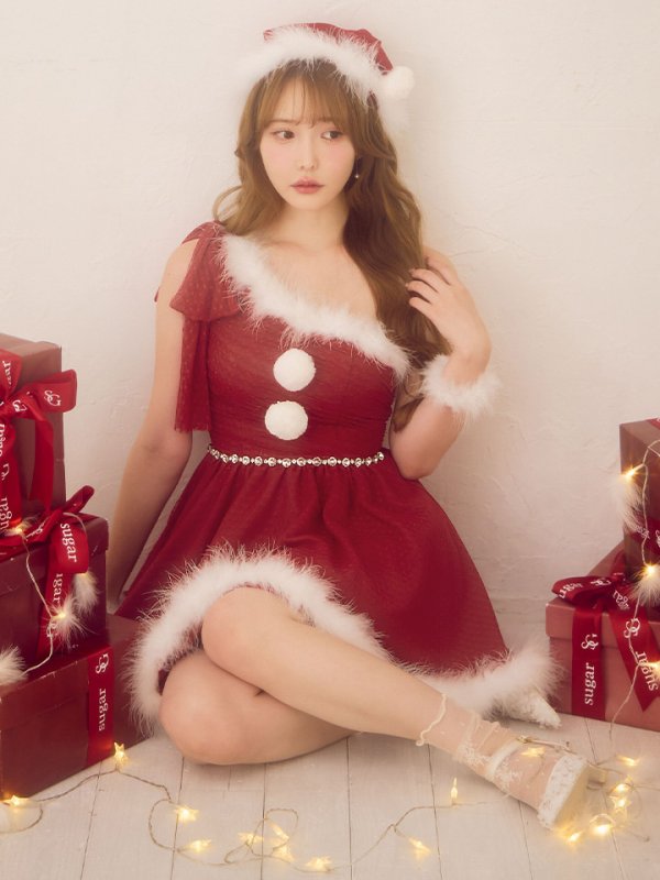 画像5: 【ノベルティ】【予約 / 11月中旬発送予定】【送料無料！】【サンタ】ワンショルリボンドットチュールサンタコスプレ【コスプレ4点セット】【XS-Lサイズ/2カラー】[OF03] (5)