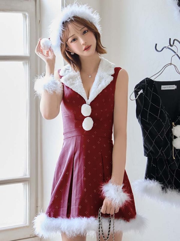 画像8: 【即日発送】【サンタ】ファー襟付きラメワンピサンタコスプレ【コスプレ4点セット】【S-Mサイズ/2カラー】[HC02] (8)