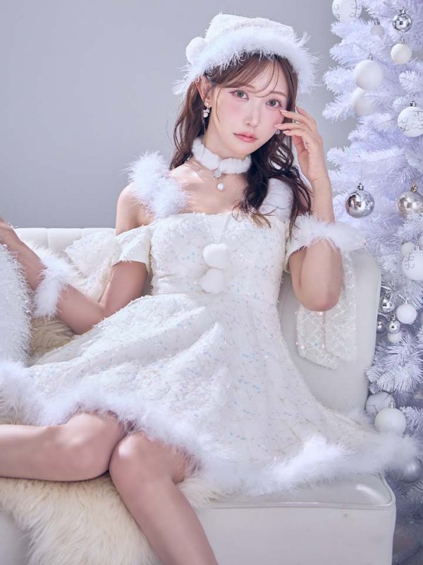 画像1: 【即日発送】【サンタ】ラメチュールオフショルリボンサンタコスプレ【コスプレ5点セット】【XS-Lサイズ/1カラー】[HC02] (1)