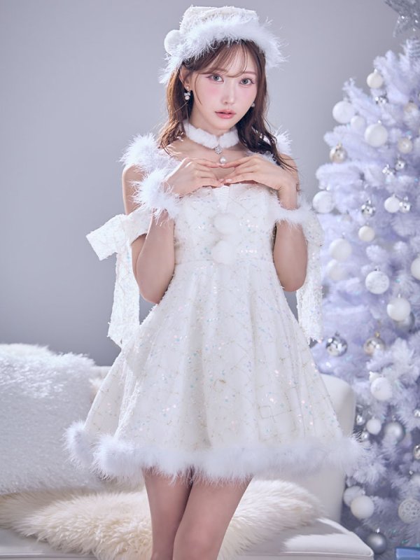 画像2: 【即日発送】【サンタ】ラメチュールオフショルリボンサンタコスプレ【コスプレ5点セット】【XS-Lサイズ/1カラー】[HC02] (2)