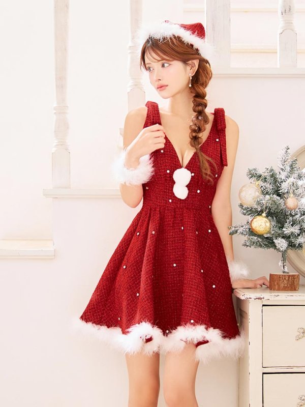 画像3: 【即日発送】【サンタ】ショルダーリボンビジューツイードフレアサンタコスプレ【コスプレ4点セット】【XS-XLサイズ/1カラー】[OF03] (3)