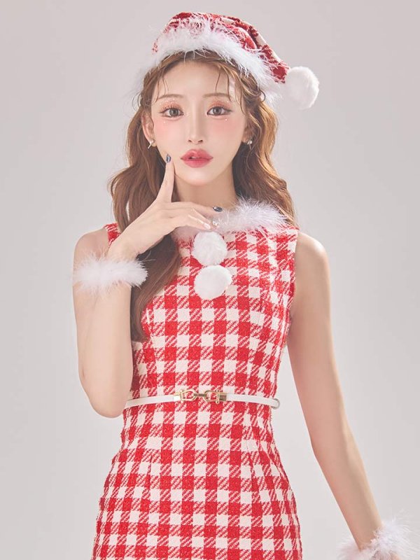画像10: 【サンタコス 5点セット】ギンガムチェック タイトワンピースサンタコスプレ【XS-XLサイズ/2カラー】[YMT] (10)