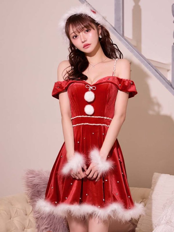画像14: 【即日発送！】【サンタコス 5点セット】【XS-XLサイズ/3カラー】オフショルビジューリボンフレアサンタ[HC02] (14)