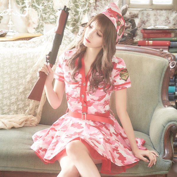 画像4: 【SALE!!】【即日発送】ピンクアーミーワンピース【ハロウィンコスプレ3点セット】【S-XLサイズ/1カラー】（STEE06 W）[HC03] (4)