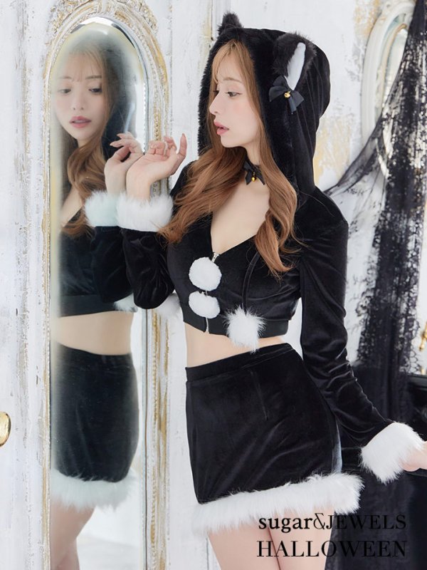 画像1: 【即日発送】セットアップベロアキャットコスプレ/2ピース/セパレート【sugar nineハロウィン4点セット】【S-Mサイズ/2カラー】[YMT] (1)