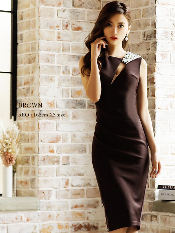 画像7: XS-Lサイズあり【Veautt/ヴュート】【OF05】ショルダービジュー/ ウエストギャザー/ サイドジップ/ タイト/ ひざ丈/ ミディアム/ キャバドレス (7)