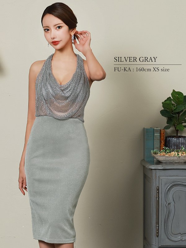 画像4: XSサイズあり【Veautt/ヴュート】【OF05】アッパーシースルー/ ビジュー/ ドレープ/ アメスリ/ タイト/ ミディアムドレス/ キャバドレス (4)