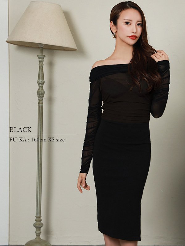 画像6: XSサイズあり【Veautt/ヴュート】【OF05】アッパーシースルー/ オフショルダー/ ロングスリーブ/ ワンカラー/ タイト/ ミディアムドレス/ キャバドレス (6)