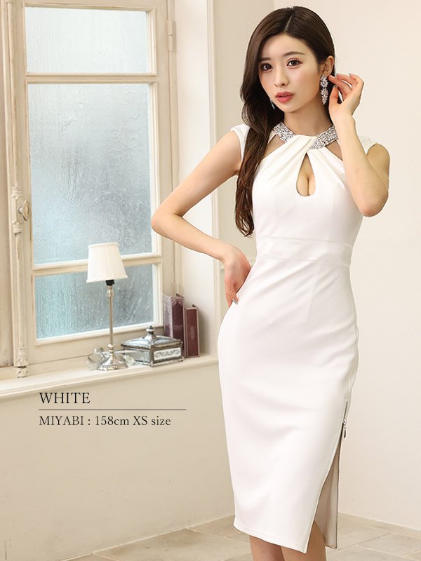 画像16: XSサイズあり【Veautt/ヴュート】【OF05】デコルテビジュー/ オープンバストカットデザイン/ タイト/ ミディアムドレス/ キャバドレス (16)