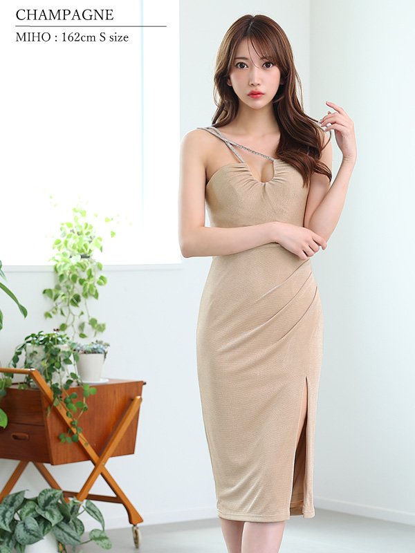 画像22: XSサイズあり【Veautt/ヴュート】【OF05】アシンメトリーショルダー/ ウエストタック/ ビジュー/ タイト/ ミディアムドレス/ キャバドレス (22)