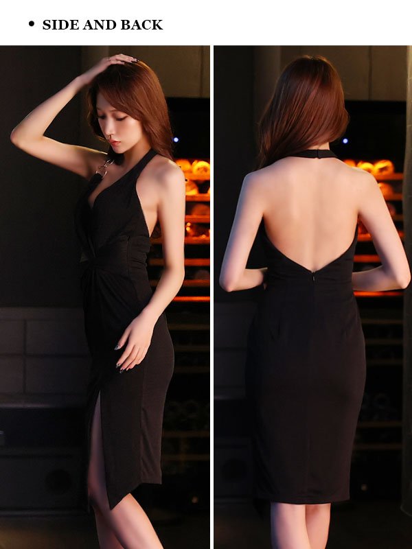 画像23: XSサイズあり【Veautt/ヴュート】【OF05】ホルターネック/ バックオープン/ 無地/ スリット/ タイト/ ミディアムドレス/ キャバドレス (23)