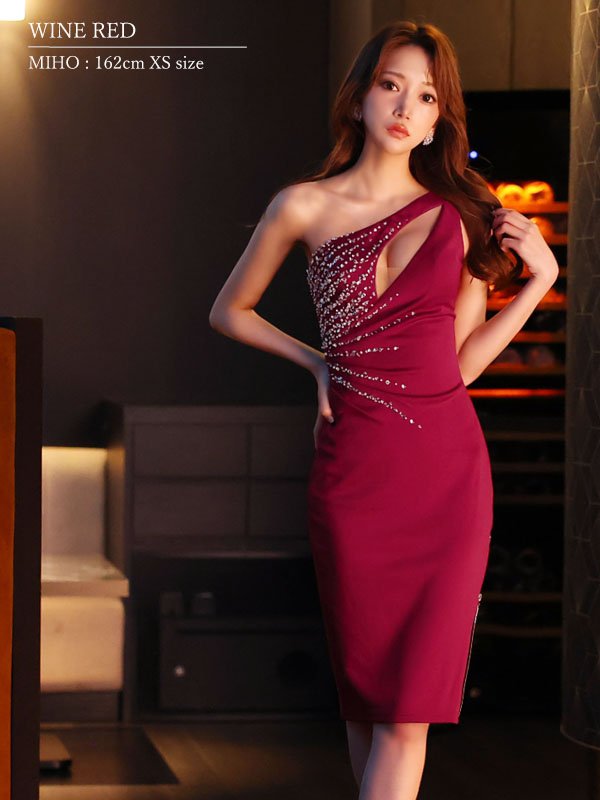 画像6: XSサイズあり【Veautt/ヴュート】【OF05】ワンショルダー/ バストカット/ ビジュー/ タイト/ ミディアムドレス/ キャバドレス (6)