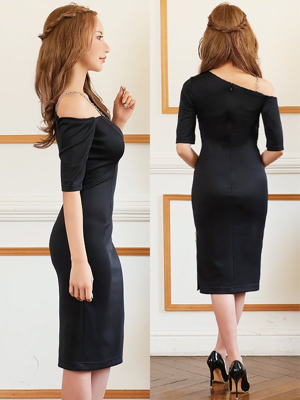 画像8: XSサイズあり【Veautt/ヴュート】【OF05】ワンショルダー/ アシンメトリーチェーン/ バストオープンカット/ 半袖/ 五分袖/ 袖あり/ スリット/ ひざ丈/ タイト/ ミディアムドレス/ キャバドレス (8)