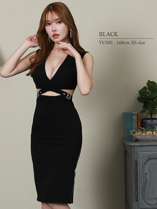 画像19: XSサイズあり【Veautt/ヴュート】【OF05】オープンカラー/ バストクロス/ ワンカラー/ シンプル/ タイト/ ミディアムドレス/ キャバドレス (19)