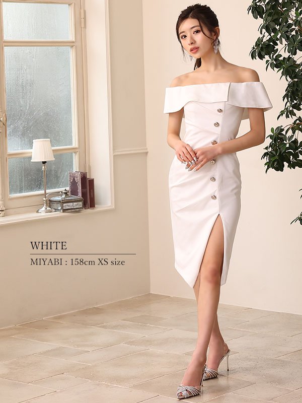 画像19: XSサイズあり【Veautt/ヴュート】【OF05】フロントボタン/ タックデザイン/ オフショルダー/ タイト/ ミディアムドレス/ キャバドレス (19)