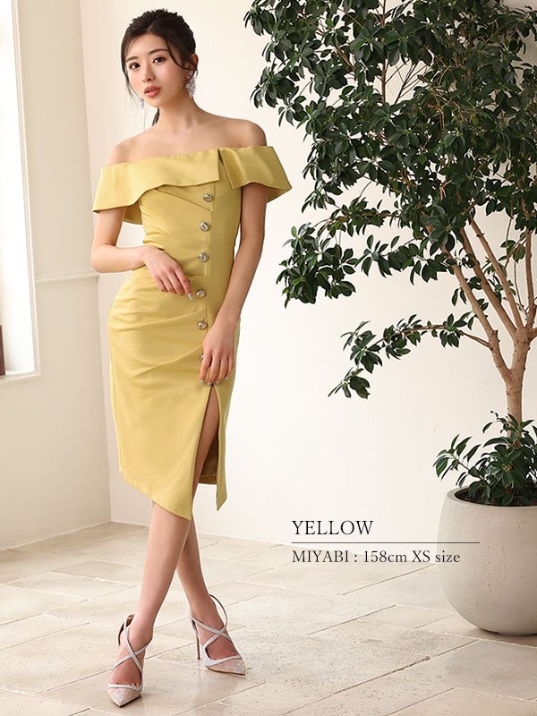 画像8: XSサイズあり【Veautt/ヴュート】【OF05】フロントボタン/ タックデザイン/ オフショルダー/ タイト/ ミディアムドレス/ キャバドレス (8)