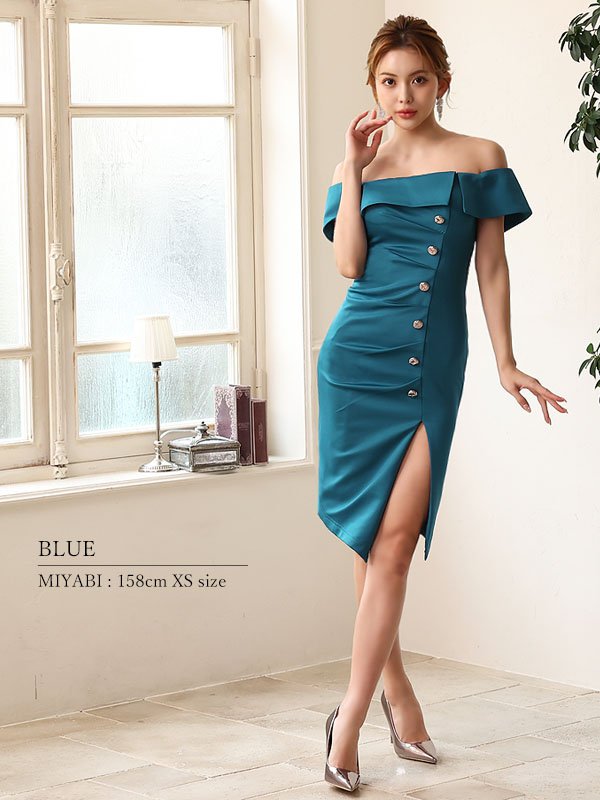 画像4: XSサイズあり【Veautt/ヴュート】【OF05】フロントボタン/ タックデザイン/ オフショルダー/ タイト/ ミディアムドレス/ キャバドレス (4)
