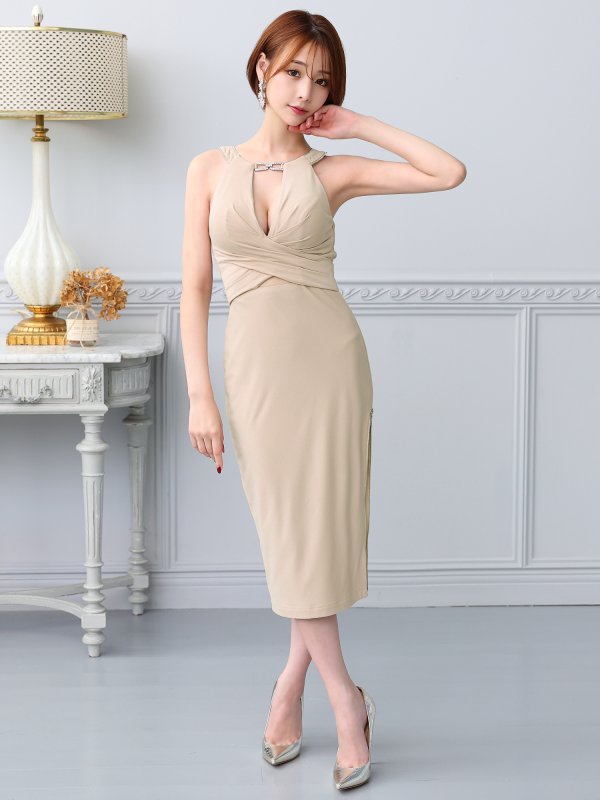 画像24: XSサイズあり【Veautt/ヴュート】【OF05】ホルターネック/ バストクロス/ ストレッチ/ タイト/ ミディアムドレス/ キャバドレス (24)