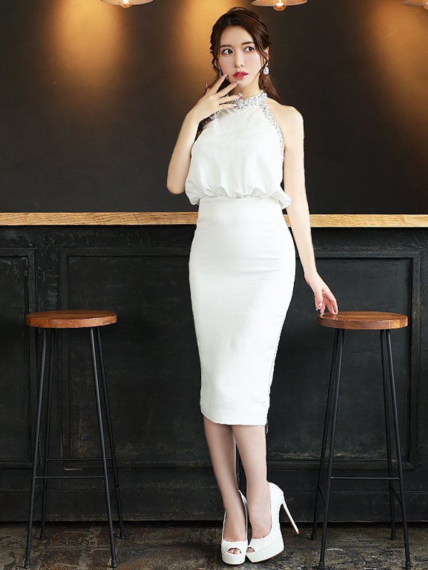 XSサイズあり【Veautt/ヴュート】【OF05】アメスリ/ ホルターネック/ ネックショルダービジュー/ ファスナースリット/ ジップスリット/ タイト/ひざ丈/ミディアム/ ミニドレス/ キャバドレス　ホワイト