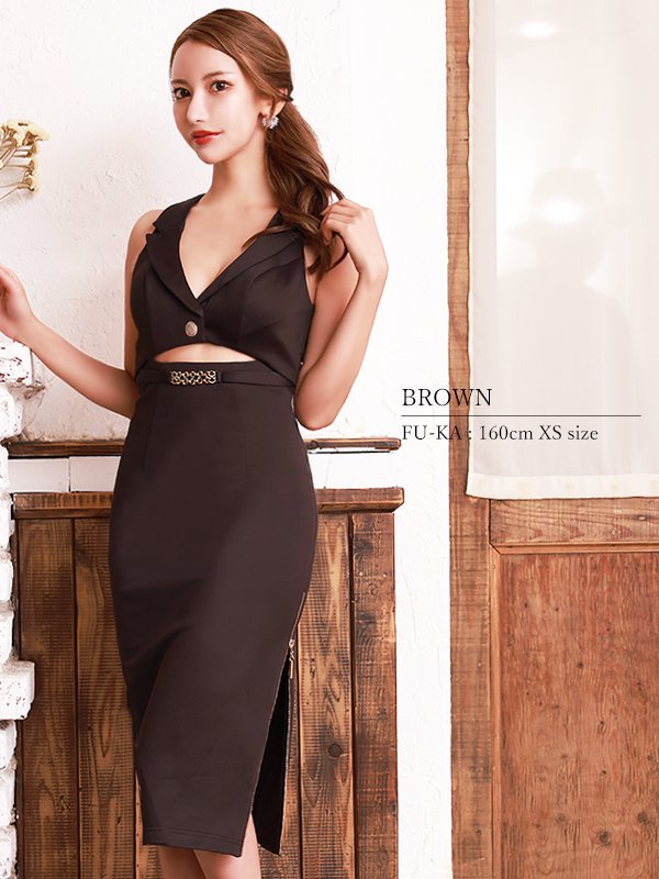 画像15: XSサイズあり【Veautt/ヴュート】【OF05】襟付き/ ボタンチャーム/ バックオープン/ ノースリーブ/ ひざ丈/ タイト/ ミディアムドレス/ キャバドレス (15)