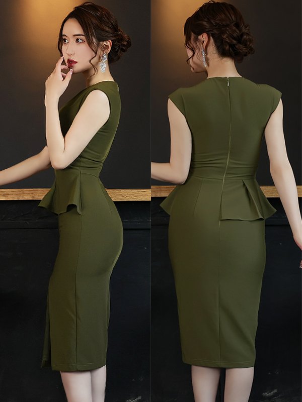 画像4: XSサイズあり【Veautt/ヴュート】【OF05】フリル/ ペプラム/ ワンカラー/ タイト/ ひざ丈/ ミディアムドレス/ キャバドレス (4)