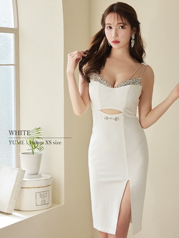 画像23: XSサイズあり【Veautt/ヴュート】【OF05】バストビジュー/ ウエストオープン/ チャーム/ ひざ丈/ タイト/ ミディアムドレス/ キャバドレス (23)