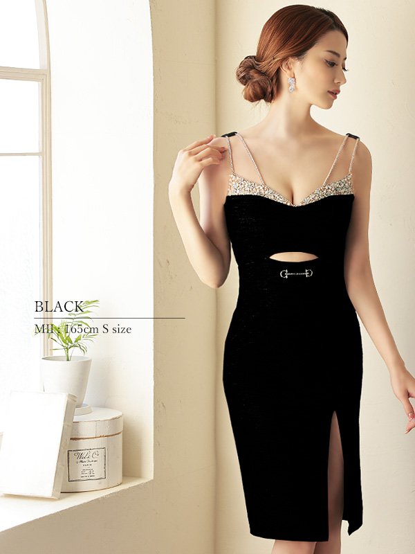 画像10: XSサイズあり【Veautt/ヴュート】【OF05】バストビジュー/ ウエストオープン/ チャーム/ ひざ丈/ タイト/ ミディアムドレス/ キャバドレス (10)