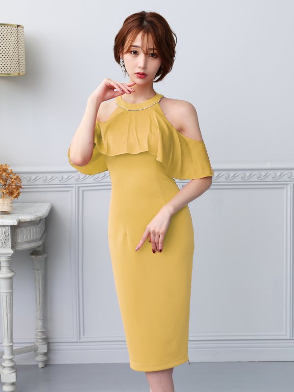 画像6: XSサイズあり【Veautt/ヴュート】【OF05】オープンショルダー/ シフォン/ サイドファスナー/ ミディアムドレス/ キャバドレス (6)