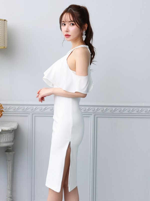 画像9: XSサイズあり【Veautt/ヴュート】【OF05】オープンショルダー/ シフォン/ サイドファスナー/ ミディアムドレス/ キャバドレス (9)