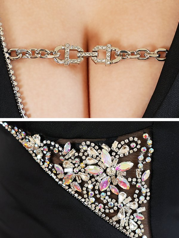 画像5: XSサイズあり【Veautt/ヴュート】【OF05】アシンメトリー/ タック/ バストチェーン/ サイドビジュー/ スリットファスナー/ ひざ丈/ タイト/ ミディアムドレス/ キャバドレス (5)