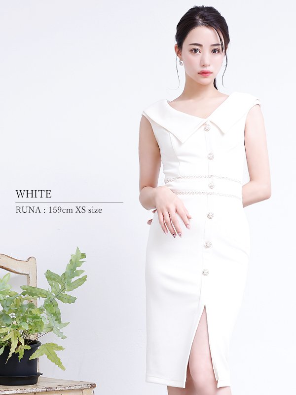 画像12: XSサイズあり【Veautt/ヴュート】【OF05】アシンメトリーカラー/ ボタン/ スリット/ ワンカラー/ ノースリーブ/ タイト/ ミディアムドレス/ キャバドレス (12)