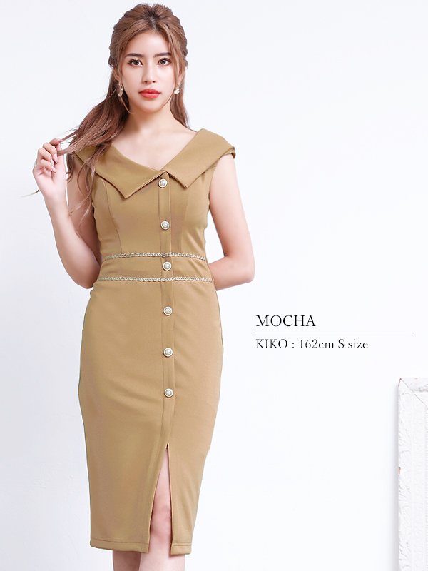 画像16: XSサイズあり【Veautt/ヴュート】【OF05】アシンメトリーカラー/ ボタン/ スリット/ ワンカラー/ ノースリーブ/ タイト/ ミディアムドレス/ キャバドレス (16)