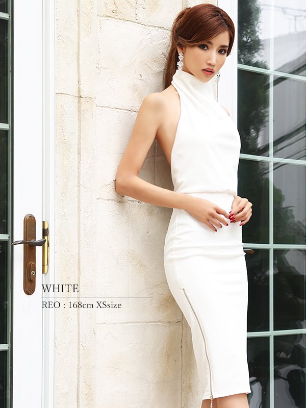 XSサイズあり【Veautt/ヴュート】【OF05】ハイネック/ サイドスリット/ ファスナー/ タイト/ひざ丈/ミディアム/ ミニドレス/ キャバドレス　ホワイト