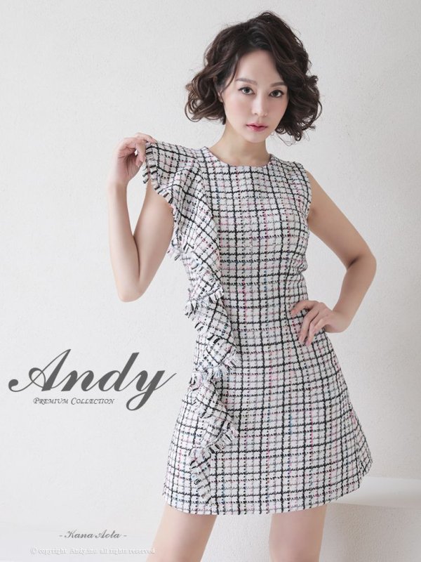 【Andy ANDY Fashion Press 14 COLLECTION 05】ツイード/ チェック柄/ ノースリーブ/ フリル/ 台形スカート/ ワンピース/ ミニドレス/ キャバドレス[OF05]　ホワイト