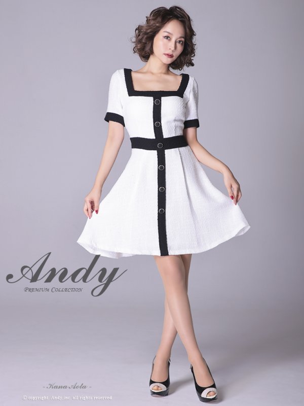 画像18: Lサイズあり【ANDY/アンディ】ツイード/ バイカラー/ 切り替えデザイン/ 半袖/ 袖あり/ スクエアネック/ ボタン/ フレア/ ミニドレス/ キャバドレス[FB03] (18)