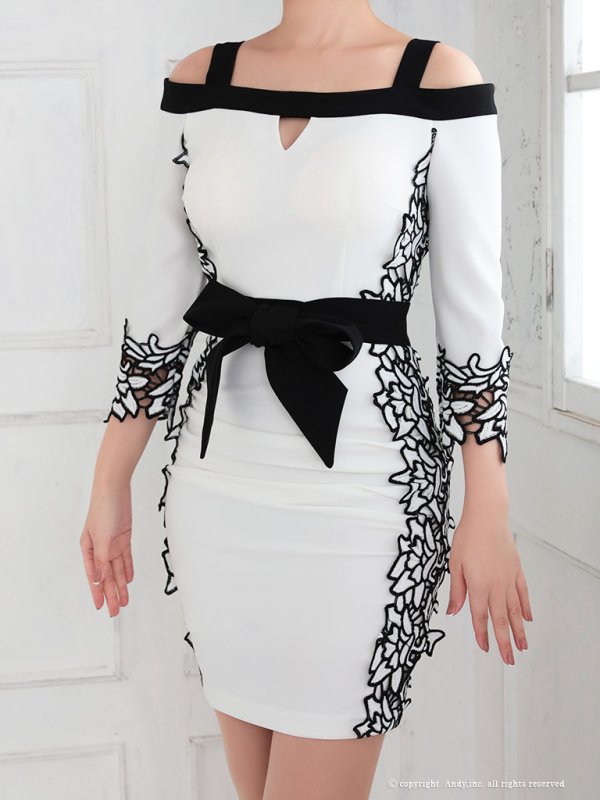 画像4: 【ANDY/アンディ】七分袖/ フラワーレース/ バイカラー/ タイト/ ミニドレス/ キャバドレス[OF05] (4)