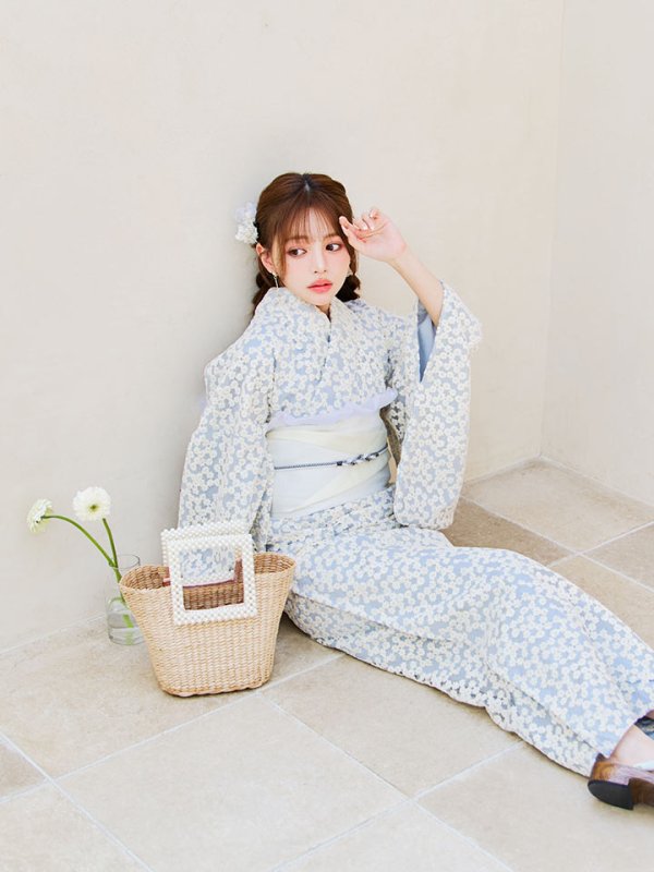 画像10: 【浴衣セール！】【即日発送】【浴衣】くすみブルー地x小花レース浴衣 【浴衣３点セット 浴衣/帯/下駄】[YMT] (10)