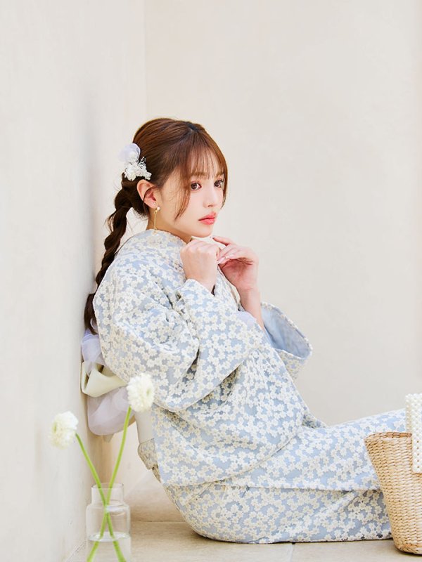 画像12: 【浴衣セール！】【即日発送】【浴衣】くすみブルー地x小花レース浴衣 【浴衣３点セット 浴衣/帯/下駄】[YMT] (12)