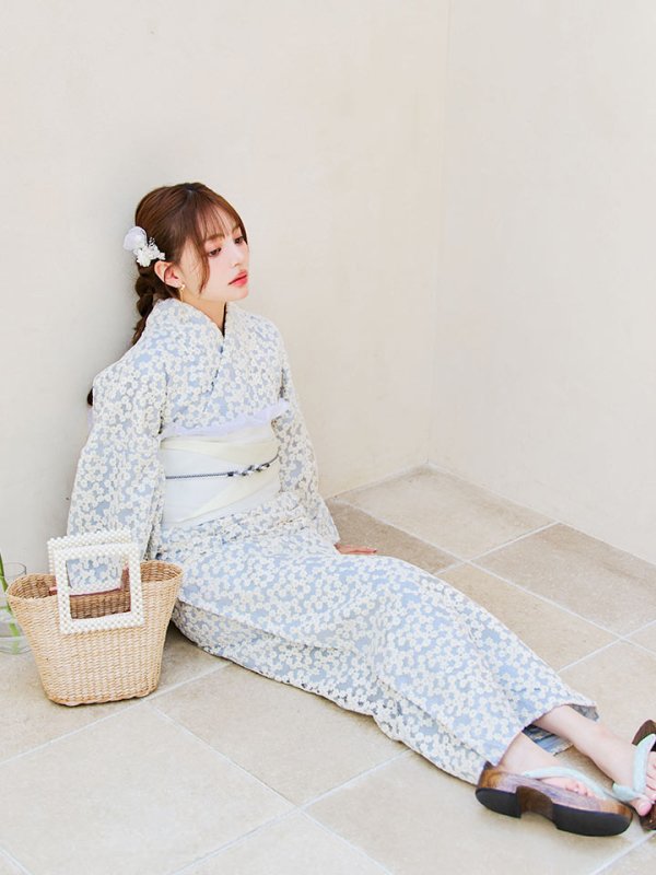 画像13: 【浴衣セール！】【即日発送】【浴衣】くすみブルー地x小花レース浴衣 【浴衣３点セット 浴衣/帯/下駄】[YMT] (13)