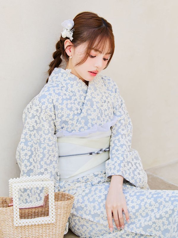 画像14: 【浴衣セール！】【即日発送】【浴衣】くすみブルー地x小花レース浴衣 【浴衣３点セット 浴衣/帯/下駄】[YMT] (14)