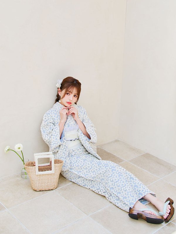 画像3: 【浴衣セール！】【即日発送】【浴衣】くすみブルー地x小花レース浴衣 【浴衣３点セット 浴衣/帯/下駄】[YMT] (3)