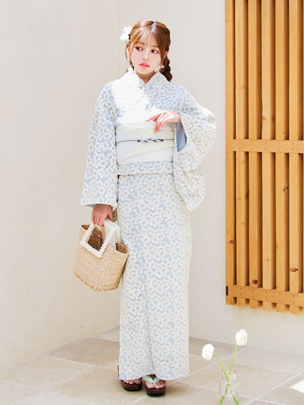 画像4: 【浴衣セール！】【即日発送】【浴衣】くすみブルー地x小花レース浴衣 【浴衣３点セット 浴衣/帯/下駄】[YMT] (4)