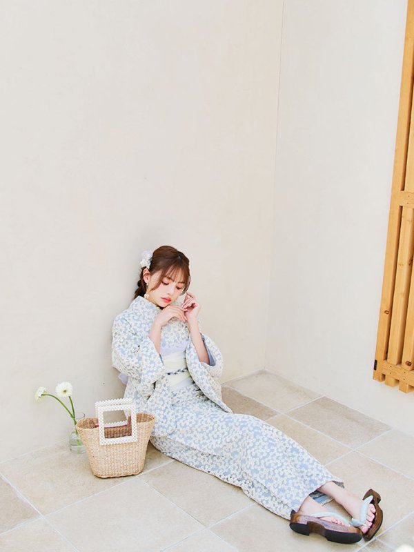 画像6: 【浴衣セール！】【即日発送】【浴衣】くすみブルー地x小花レース浴衣 【浴衣３点セット 浴衣/帯/下駄】[YMT] (6)