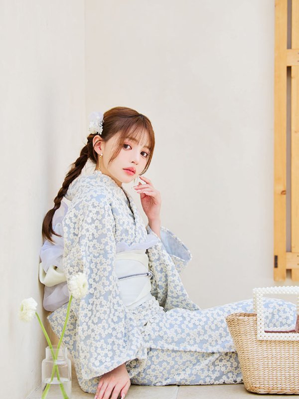 画像8: 【浴衣セール！】【即日発送】【浴衣】くすみブルー地x小花レース浴衣 【浴衣３点セット 浴衣/帯/下駄】[YMT] (8)