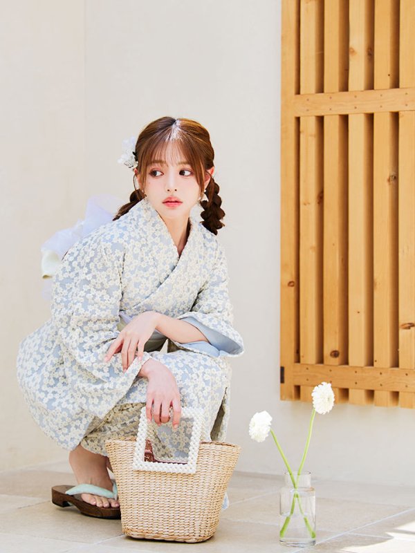 画像9: 【浴衣セール！】【即日発送】【浴衣】くすみブルー地x小花レース浴衣 【浴衣３点セット 浴衣/帯/下駄】[YMT] (9)