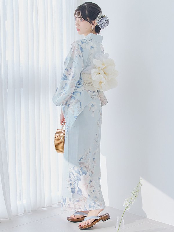 画像2: 【即日発送】クラシカルローズブルー浴衣【浴衣３点セット 浴衣/帯/下駄】[YMT] (2)